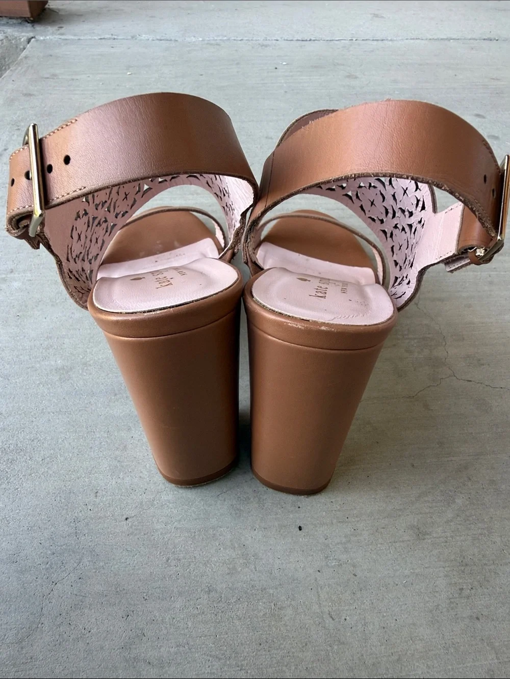 kate spade Tan Laser-Cut Leather Slingback Heels with Pink Insole